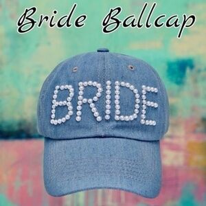 NWT Blue Denim Faux Pearl-Decked “BRIDE” Embellished Adjustable Baseball Cap/OS